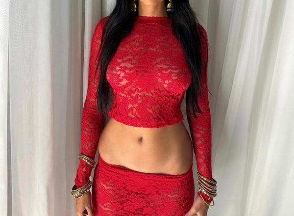 Women Sexy Red Lace Full Sleeve Crop Two Piece Skirt Set