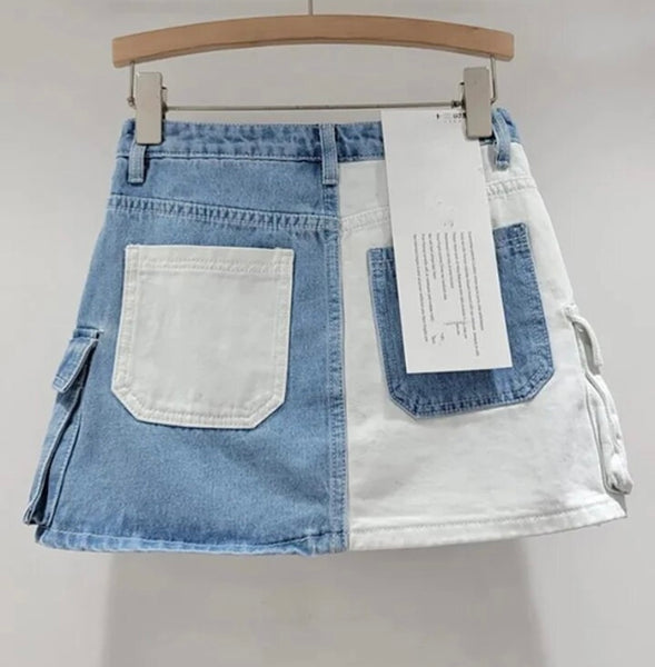 Women Fashion Color Patchwork Pocket Denim Skirt