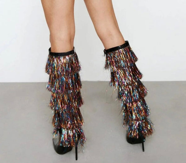 Women Fashion Pointed Toe Multicolored Fringe Knee High Boots