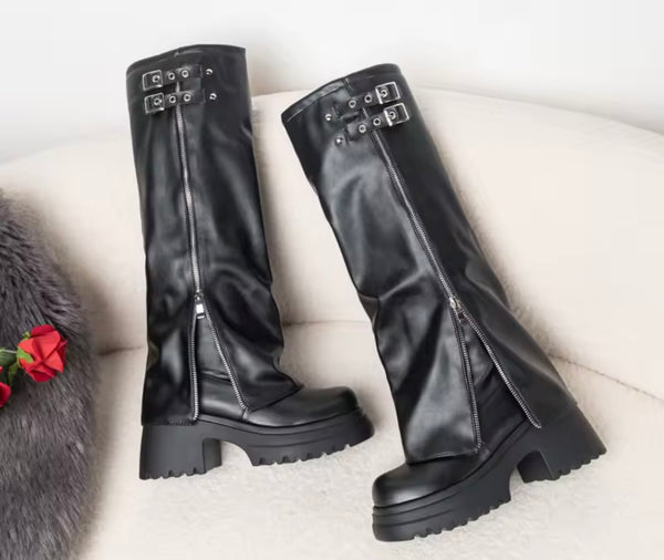 Women Black Buckled Zipper Fashion Faux Leather Knee High Boots