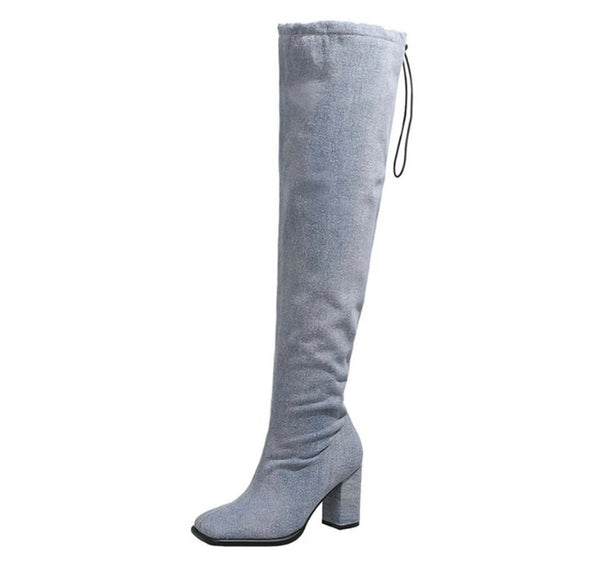 Women Denim Drawstring Fashion Square Heel Boots