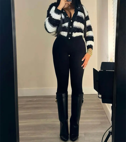 Women Fashion B&W Striped Button Up Full Sleeve Sweater Top