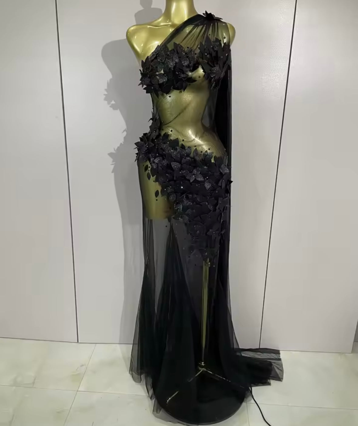 Women Sexy One Shoulder Sleeveless 3D Floral Mesh Maxi Dress