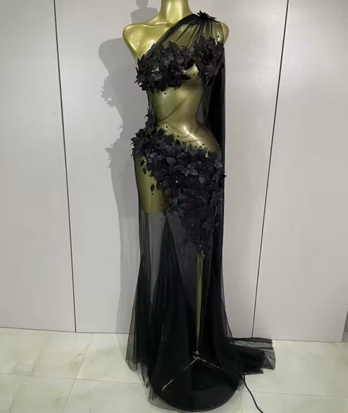 Women Sexy One Shoulder Sleeveless 3D Floral Mesh Maxi Dress