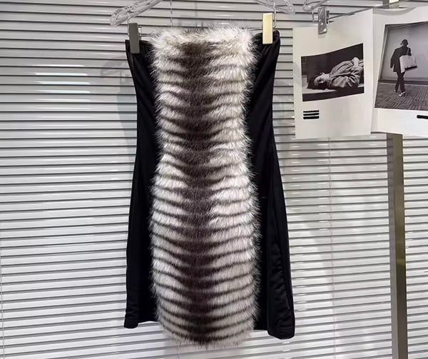 Women Sexy Strapless Faux Fur Patchwork Dress