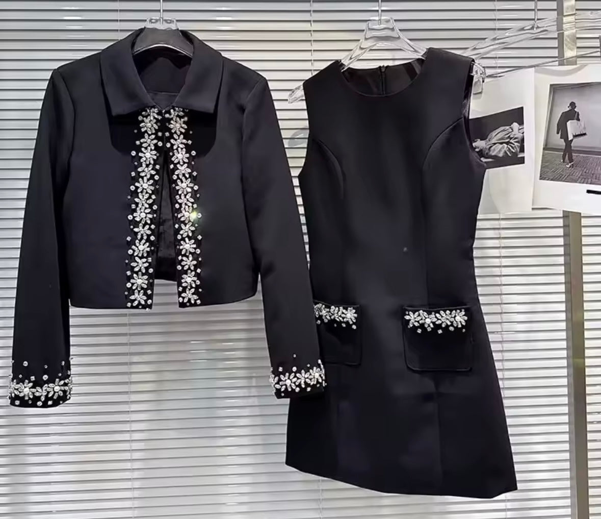 Women Rhinestone Blazer Two Piece Fashion Dress Set