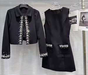Women Rhinestone Blazer Two Piece Fashion Dress Set
