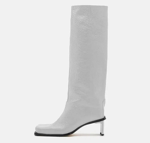 Women Square Toe Faux Leather Fashion Knee High Boots