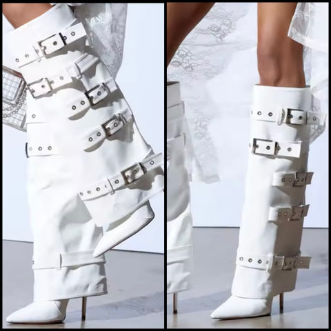 Women White Pointed Toe Buckled Knee High Boots