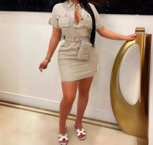 Women Fashion Button Up Short Sleeve Dress