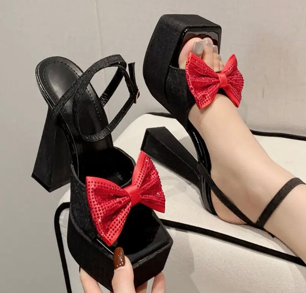 Women Fashion Denim Bow Platform Ankle Strap Sandals