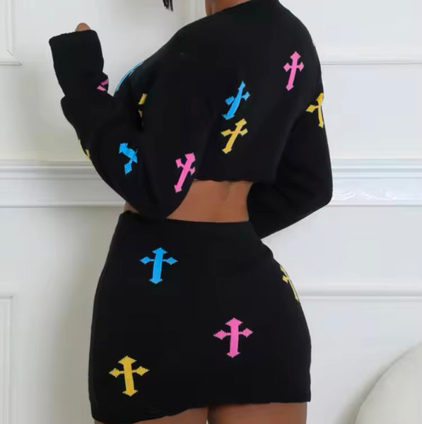 Women Sexy Black Colorful Print Full Sleeve Two Piece Skirt Set