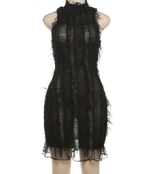 Women Sexy Sleeveless Black See Through Mesh Dress