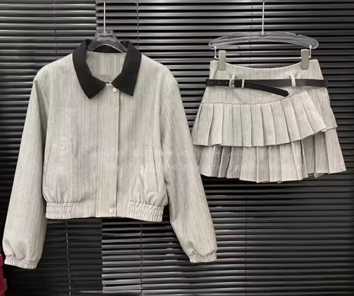 Women Fashion Jacket Two Piece Ruffle Pleated Skirt Set