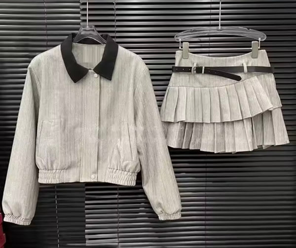Women Fashion Jacket Two Piece Ruffle Pleated Skirt Set