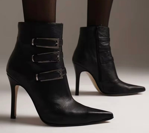 Women Fashion Pointed Toe Faux Leather Triple Buckle Ankle Boots
