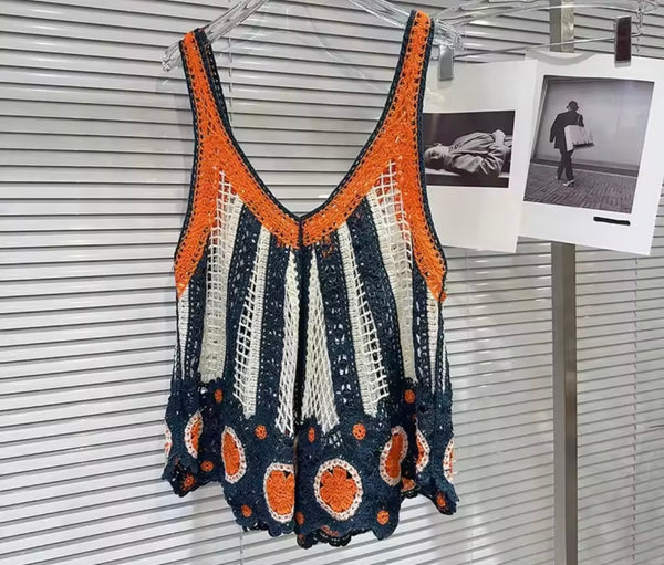 Women Rhinestone Sleeveless Color Patchwork Knitted Tank Top