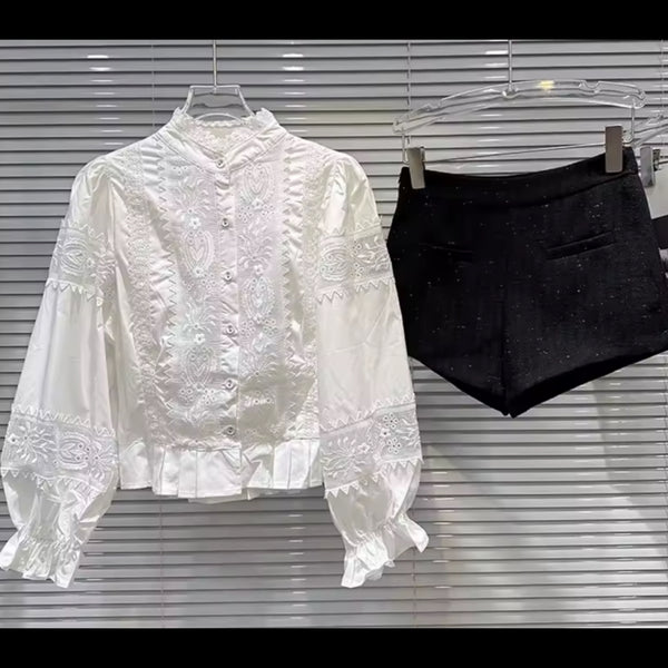 Women Ruffle Button Up Full Sleeve Two Piece Tweed Short Set