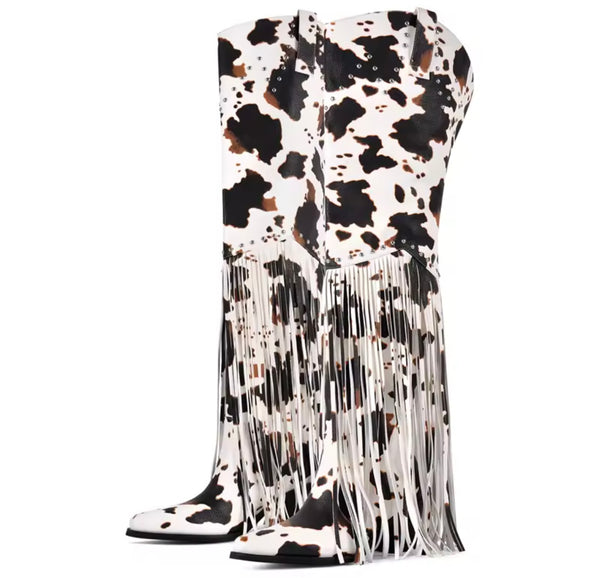 Women Fashion Animal Print Tassel Over The Knee Western Boots