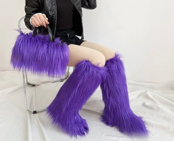 Women Fashion Color Faux Fur Knee High Boots Purse Set