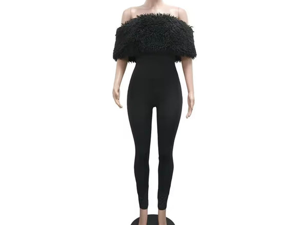 Women Black Feather Off The Shoulder Fashion Jumpsuit