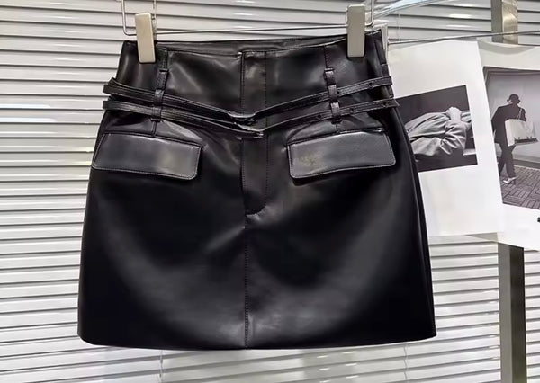 Women Pocket Double Belted Faux Leather Skirt