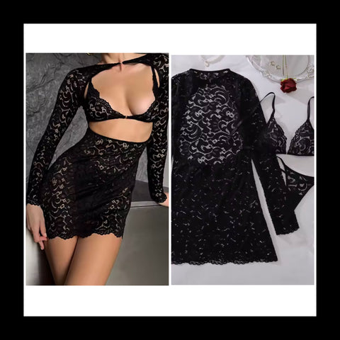 Women Black Lace Sexy Full Sleeve Three Piece Lingerie Set