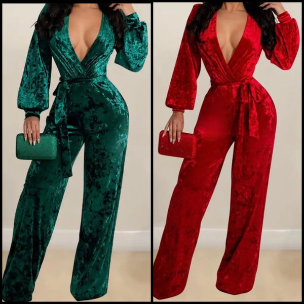 Women Sexy Deep V-Neck Full Sleeve Velour Tie Up Jumpsuit