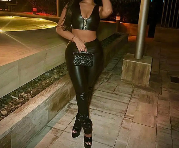 Women Black Sexy PU Sleeveless Two Piece Pant Set