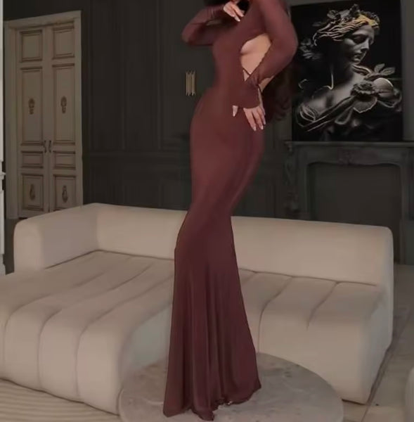 Women Sexy Brown Full Sleeve Open Back Maxi Dress