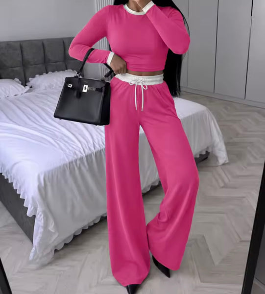 Women Fashion Color Patchwork Drawstring Two Piece Pant Set