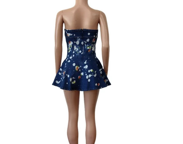 Women Sexy Strapless Printed Ruffled Denim Dress