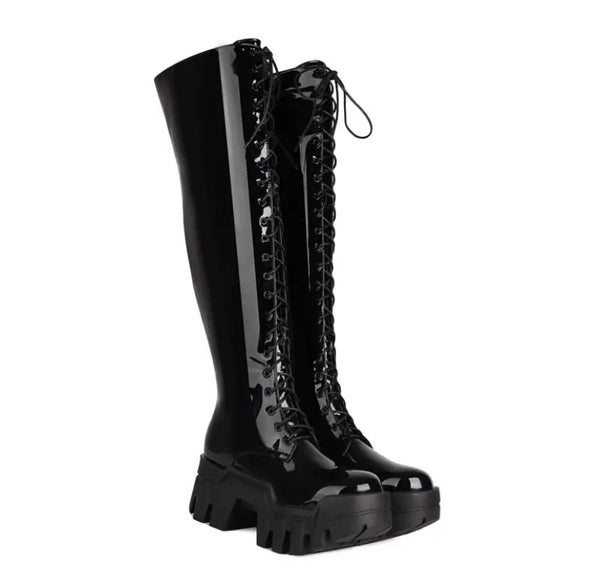 Women Black Faux/Patent Leather Lace Up Platform Knee High Boots