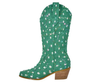 Women Fashion Sequins Denim Western Mid-Calf Boots