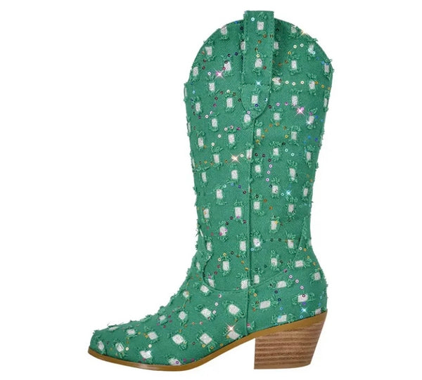 Women Fashion Sequins Denim Western Mid-Calf Boots