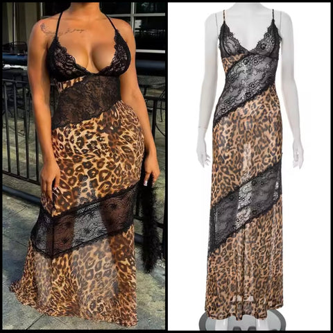 Women Sexy Sleeveless Lace Leopard Mesh Maxi Dress