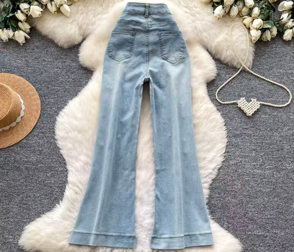 Women Fashion Blue Pearl Denim Flare Pants