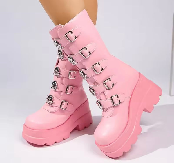 Women Fashion Pink Rivet Buckle Platform Mid Length Boots