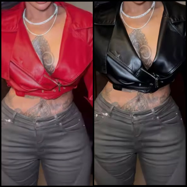 Women Color Fashion Zip Up Buckled Faux Leather Crop Jacket