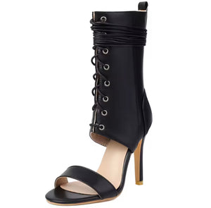 Women Color Open Toe Fashion Lace Up Ankle High Heel Boots