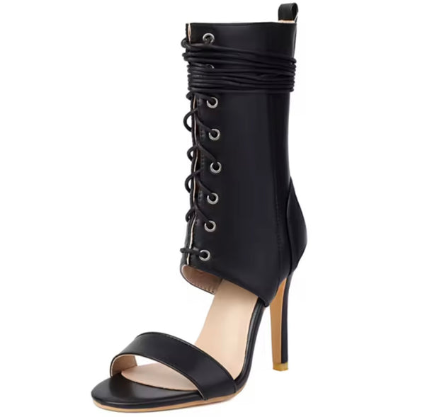 Women Color Open Toe Fashion Lace Up Ankle High Heel Boots