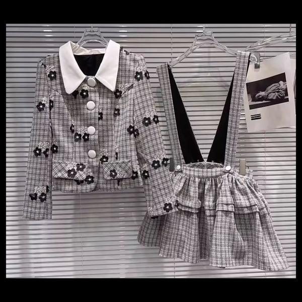 Women Floral Plaid Button Up Fashion Two Piece Skirt Set