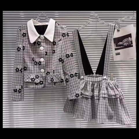 Women Floral Plaid Button Up Fashion Two Piece Skirt Set