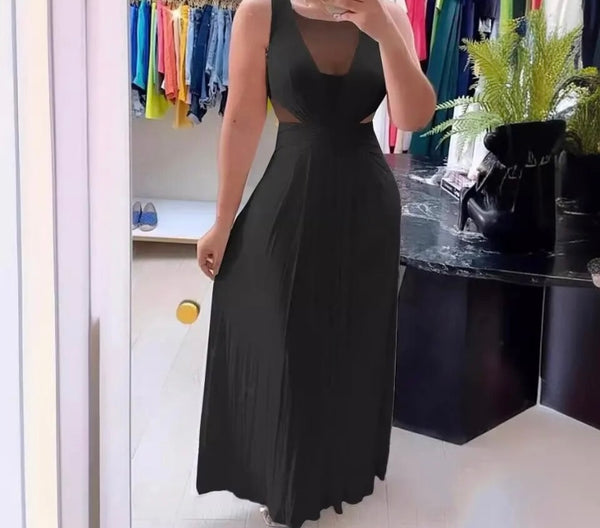 Women Sexy Solid Color Mesh Patchwork Sleeveless Maxi Dress