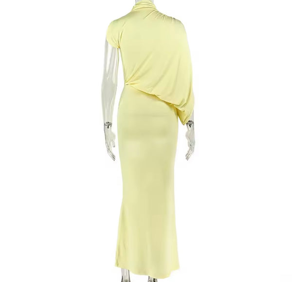 Women Sexy Yellow One Shoulder Ruched Maxi Dress