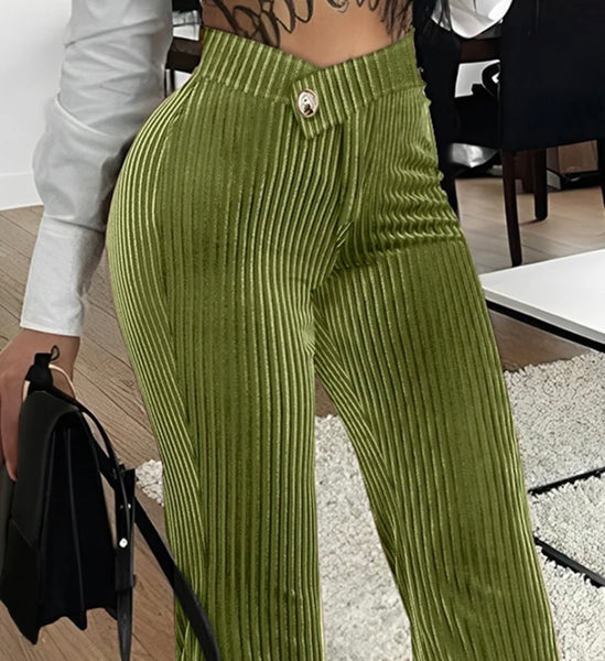 Women Fashion Solid Color Velour Ribbed Boot-Cut Pants