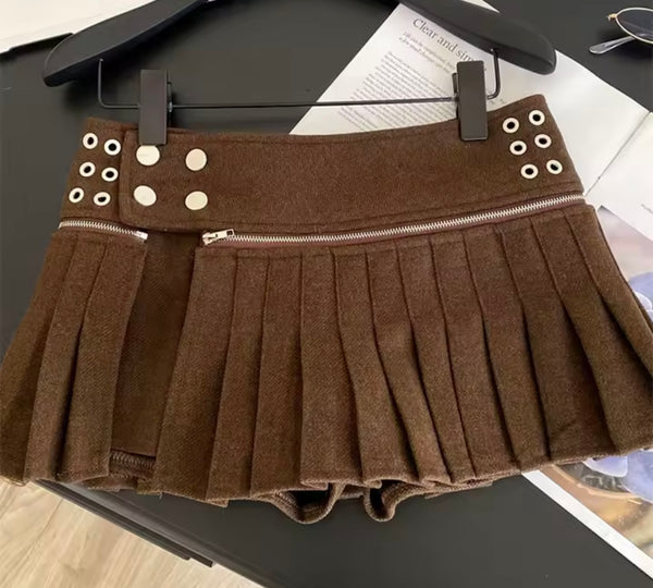 Women Sexy Fashion Rivet Zipper Pleated Skirt