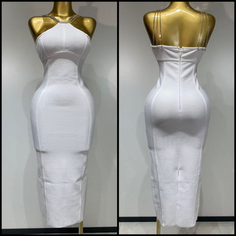 Women Sexy White Rhinestone Sleeveless Bandage Maxi Dress