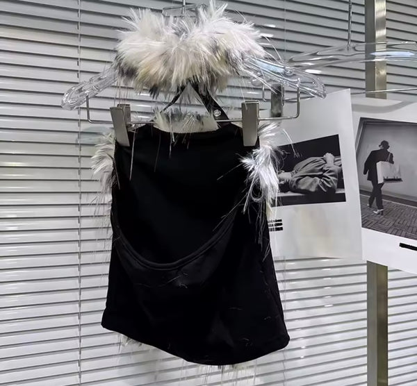 Women Colorful Leopard Print Faux Fur Halter Sleeveless Top