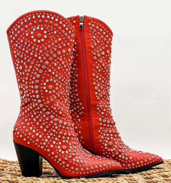 Women Fashion Red Rivet Knee High Western Boots